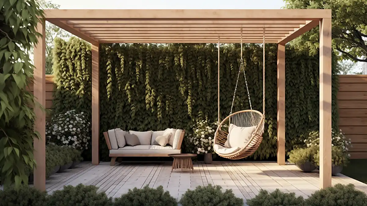 cedar pergola with a hanging swing chair